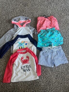 Kids Swim Set - Shark Hoodie, Rash Guards & Shorts - Blue, Aqua, Pink, Red